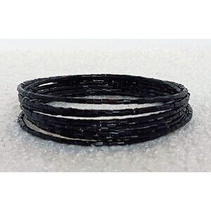Black Bead Memory Wire Cuff Bracelet Multi-Strand Coil Wrap Adjustable Boho